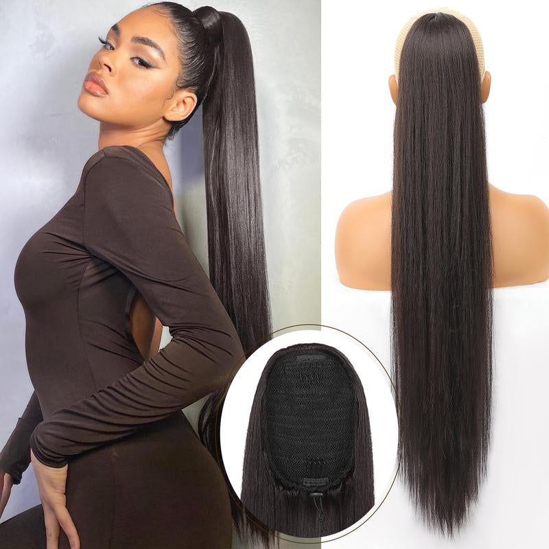 [Kookastyle] Black Long Straight 32-Inch Drawstring Ponytail Extension - Natural Soft Synthetic Hairpiece, Clip-In, Heat-Resistant, Black Fake Pony Tail for Women