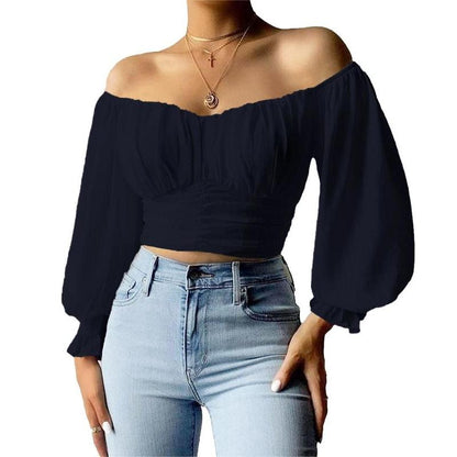 Fisoew Womens Elegant off the Shoulder Puff Sleeve Blouse Summer Chiffon Slim Fit Party Crop Top