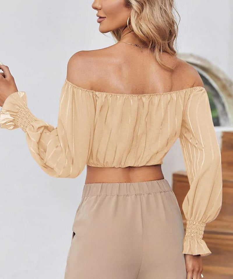 Fisoew Womens Elegant off the Shoulder Puff Sleeve Blouse Summer Chiffon Slim Fit Party Crop Top