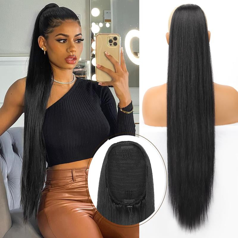 [Kookastyle] Black Long Straight 32-Inch Drawstring Ponytail Extension - Natural Soft Synthetic Hairpiece, Clip-In, Heat-Resistant, Black Fake Pony Tail for Women