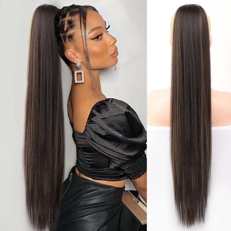 [Kookastyle] Black Long Straight 32-Inch Drawstring Ponytail Extension - Natural Soft Synthetic Hairpiece, Clip-In, Heat-Resistant, Black Fake Pony Tail for Women