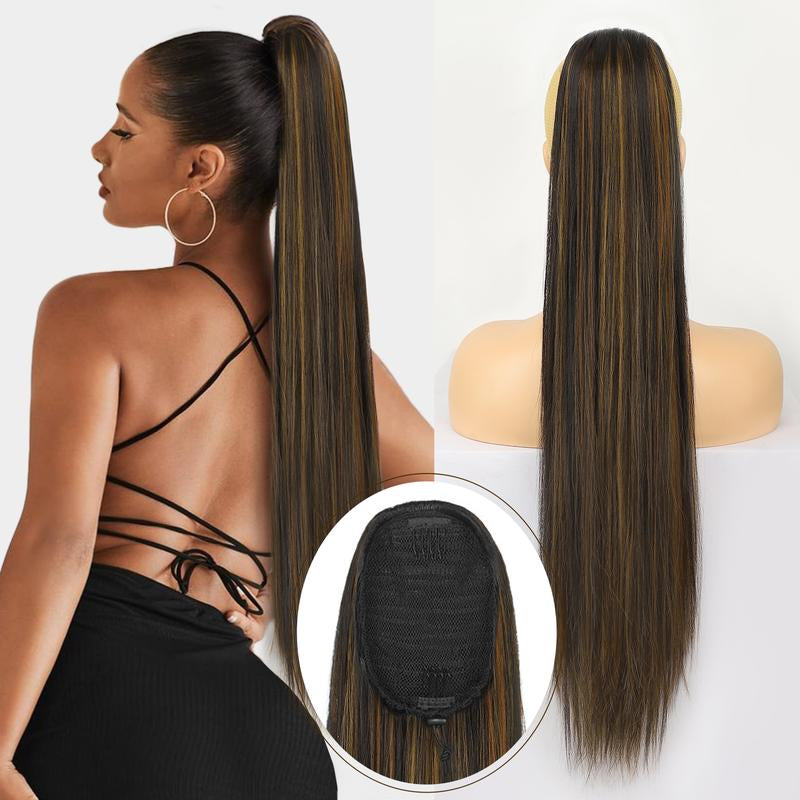 [Kookastyle] Black Long Straight 32-Inch Drawstring Ponytail Extension - Natural Soft Synthetic Hairpiece, Clip-In, Heat-Resistant, Black Fake Pony Tail for Women