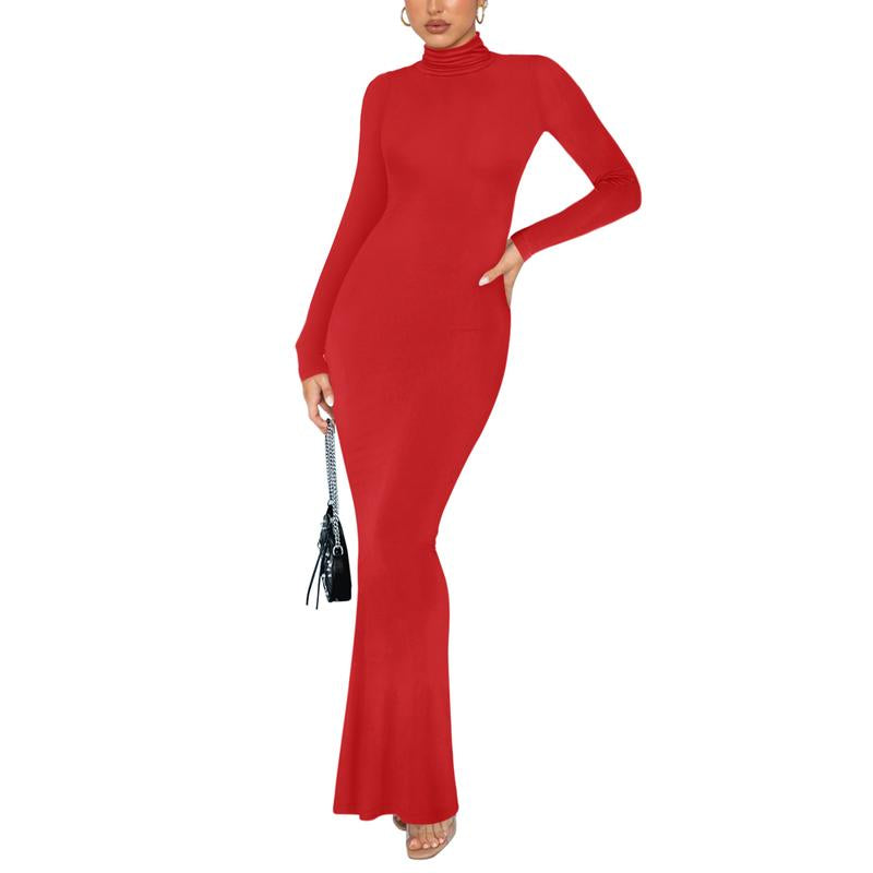 REORIA Women'S Casual Mock Turtleneck Long Sleeve Elegant Long Dress Lounge Ribbed Bodycon Maxi Dresses Womenswear Underwear