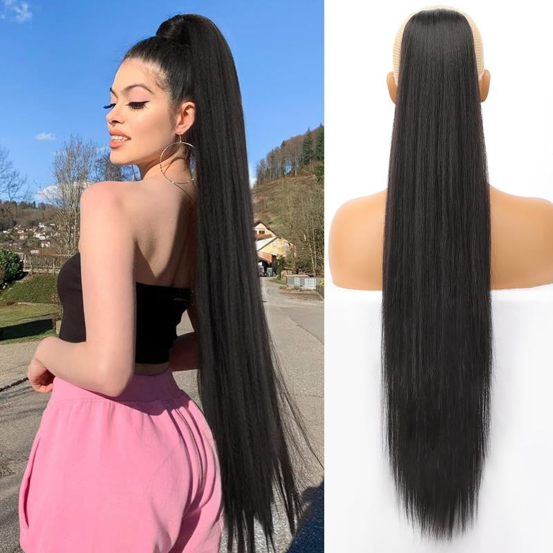 [Kookastyle] Black Long Straight 32-Inch Drawstring Ponytail Extension - Natural Soft Synthetic Hairpiece, Clip-In, Heat-Resistant, Black Fake Pony Tail for Women