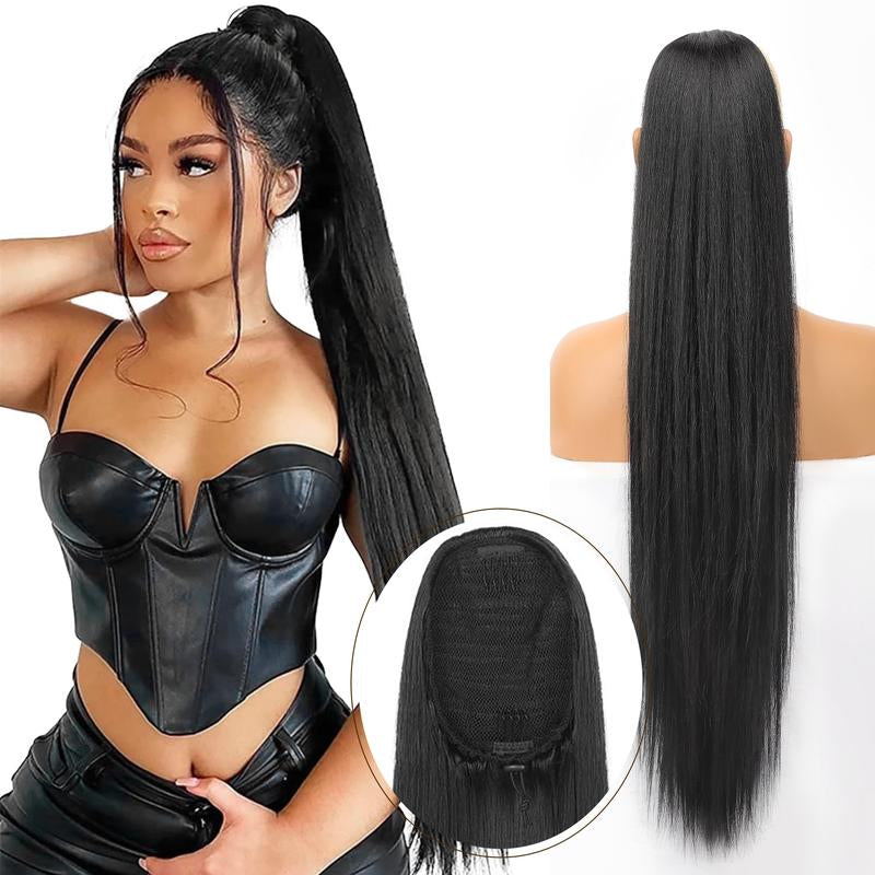 [Kookastyle] Black Long Straight 32-Inch Drawstring Ponytail Extension - Natural Soft Synthetic Hairpiece, Clip-In, Heat-Resistant, Black Fake Pony Tail for Women