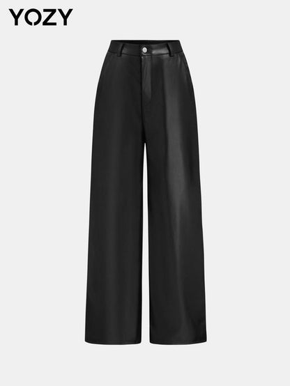 YOZY Women'S Solid High Waist Straight Leg PU Leather Pants, Fashion Casual Button Fly Pocket Trousers for Daily Outdoor Wear