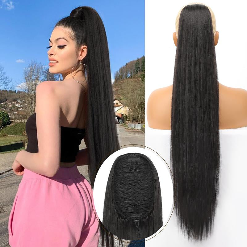 [Kookastyle] Black Long Straight 32-Inch Drawstring Ponytail Extension - Natural Soft Synthetic Hairpiece, Clip-In, Heat-Resistant, Black Fake Pony Tail for Women