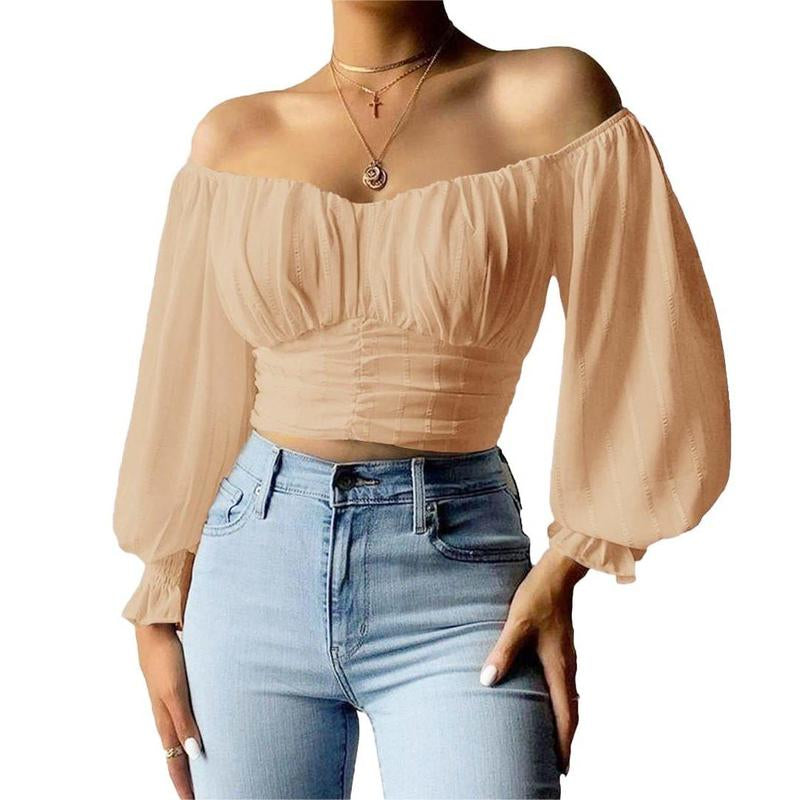 Fisoew Womens Elegant off the Shoulder Puff Sleeve Blouse Summer Chiffon Slim Fit Party Crop Top