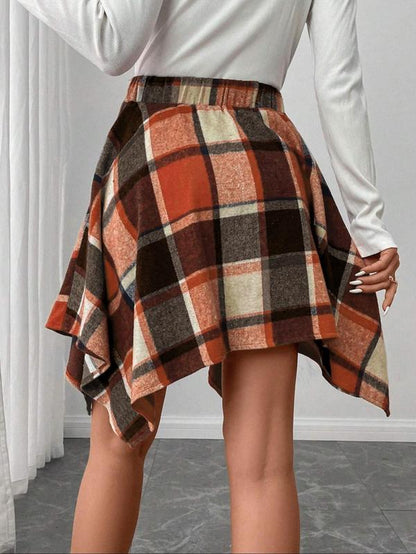 Women'S Plaid Print Asymmetrical Hem Skirt, Casual High Waist Short Skirt for Fall & Winter, Women'S Bottoms for Daily Wear