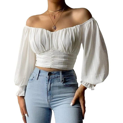 Fisoew Womens Elegant off the Shoulder Puff Sleeve Blouse Summer Chiffon Slim Fit Party Crop Top