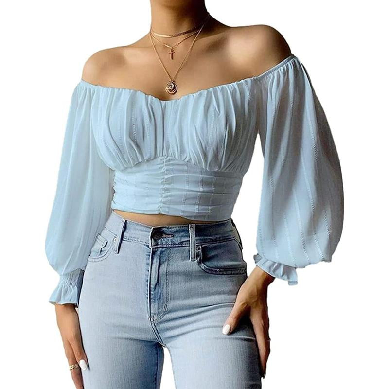 Fisoew Womens Elegant off the Shoulder Puff Sleeve Blouse Summer Chiffon Slim Fit Party Crop Top