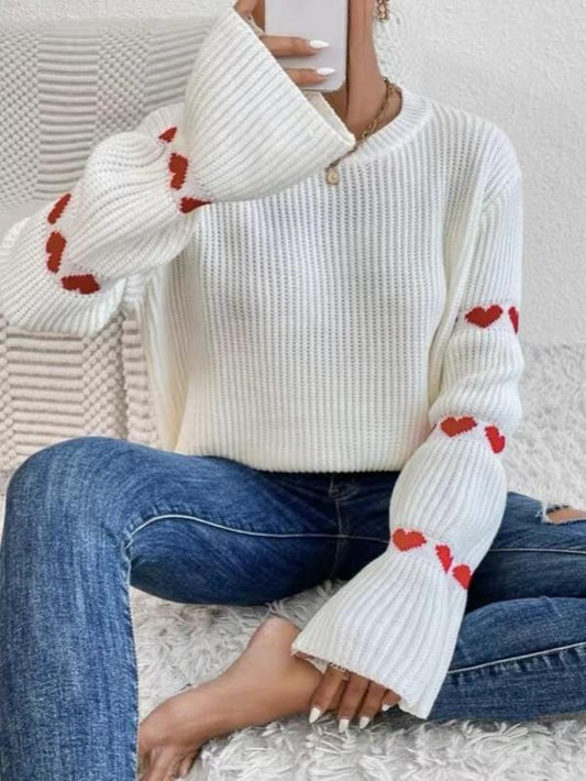 Women'S Heart Pattern Drop Shoulder Sweater, Casual Long Sleeve round Neck Jumper for Daily Outdoor Wear, Women Knit Top for Spring & Fall, Women'S Tops