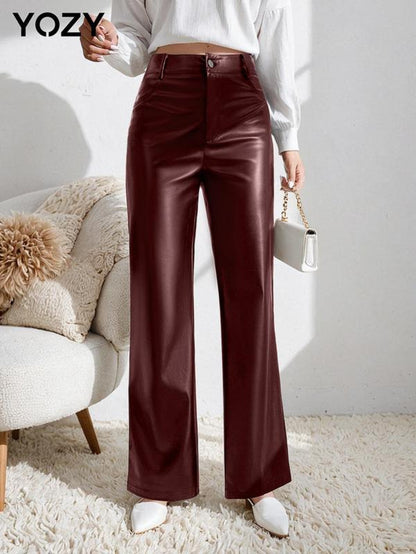 YOZY Women'S Solid High Waist Straight Leg PU Leather Pants, Fashion Casual Button Fly Pocket Trousers for Daily Outdoor Wear