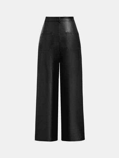 YOZY Women'S Solid High Waist Straight Leg PU Leather Pants, Fashion Casual Button Fly Pocket Trousers for Daily Outdoor Wear