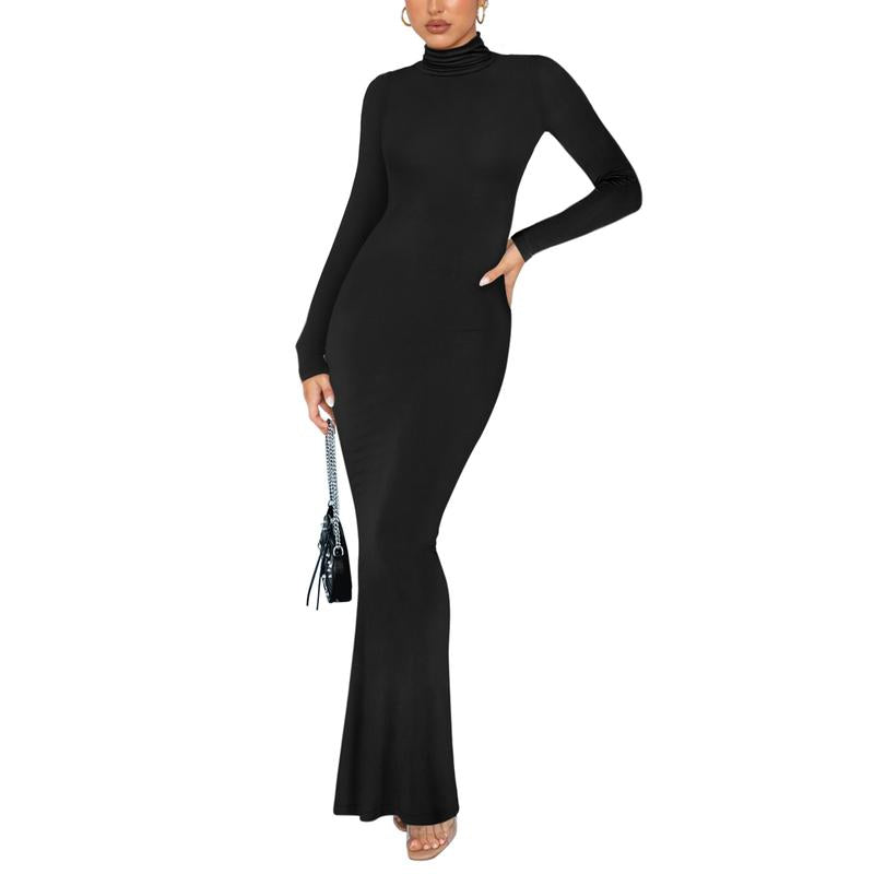 REORIA Women'S Casual Mock Turtleneck Long Sleeve Elegant Long Dress Lounge Ribbed Bodycon Maxi Dresses Womenswear Underwear