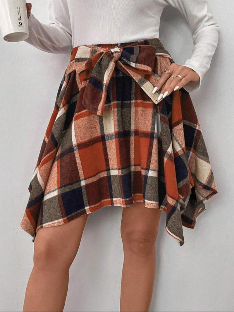 Women'S Plaid Print Asymmetrical Hem Skirt, Casual High Waist Short Skirt for Fall & Winter, Women'S Bottoms for Daily Wear