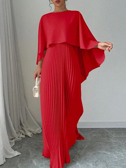 Women'S Plain Pleated Cloak Sleeve Maxi Dress, Elegant round Neck Dress for Party Holiday Wedding Guest, Ladies Spring & Fall Clothes， Valentine'S Day Gift for Girl