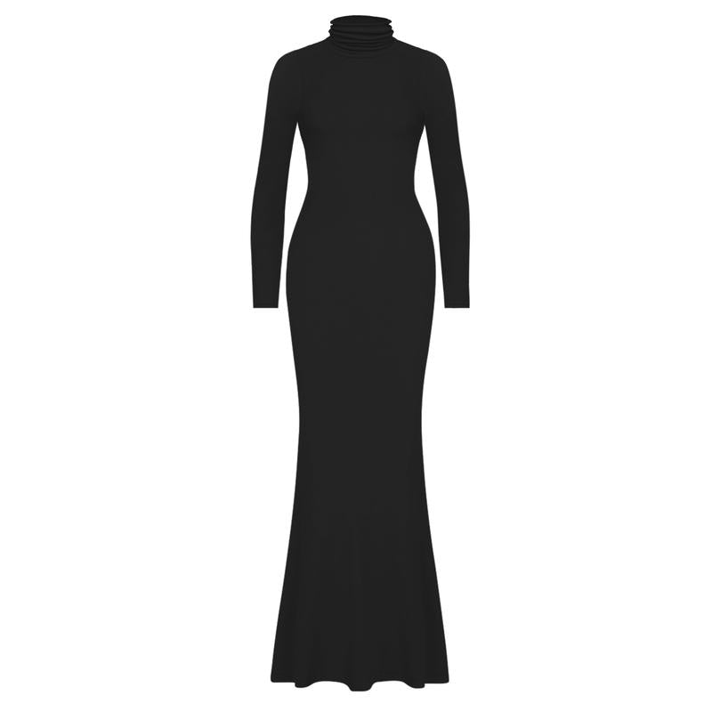 REORIA Women'S Casual Mock Turtleneck Long Sleeve Elegant Long Dress Lounge Ribbed Bodycon Maxi Dresses Womenswear Underwear