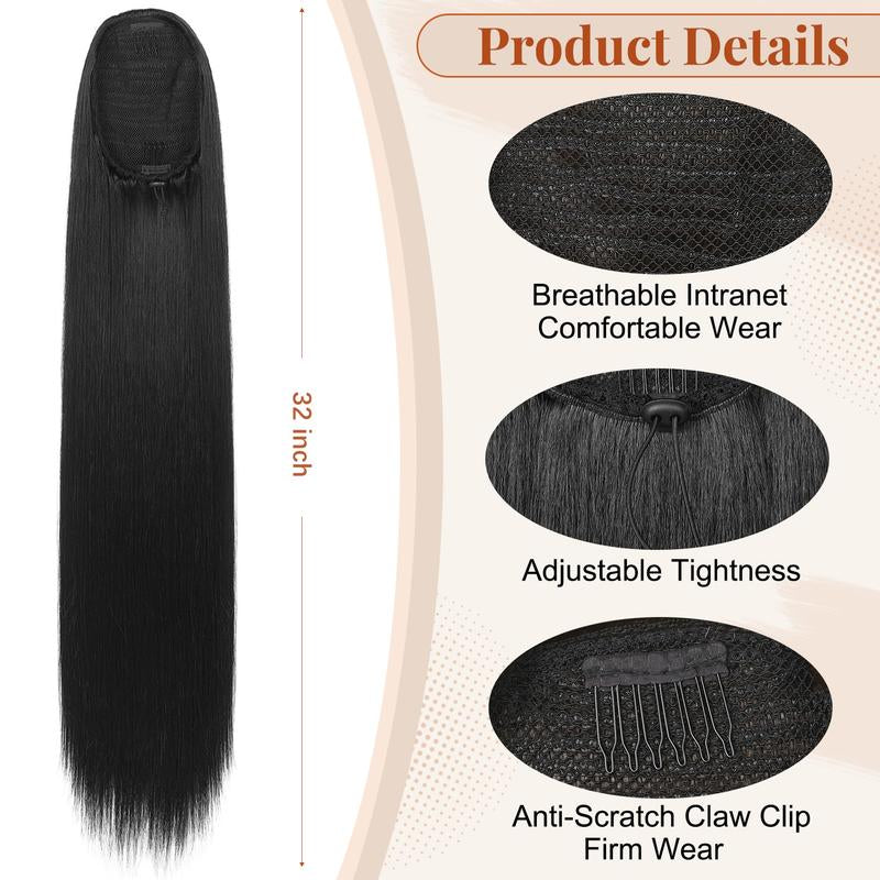 [Kookastyle] Black Long Straight 32-Inch Drawstring Ponytail Extension - Natural Soft Synthetic Hairpiece, Clip-In, Heat-Resistant, Black Fake Pony Tail for Women