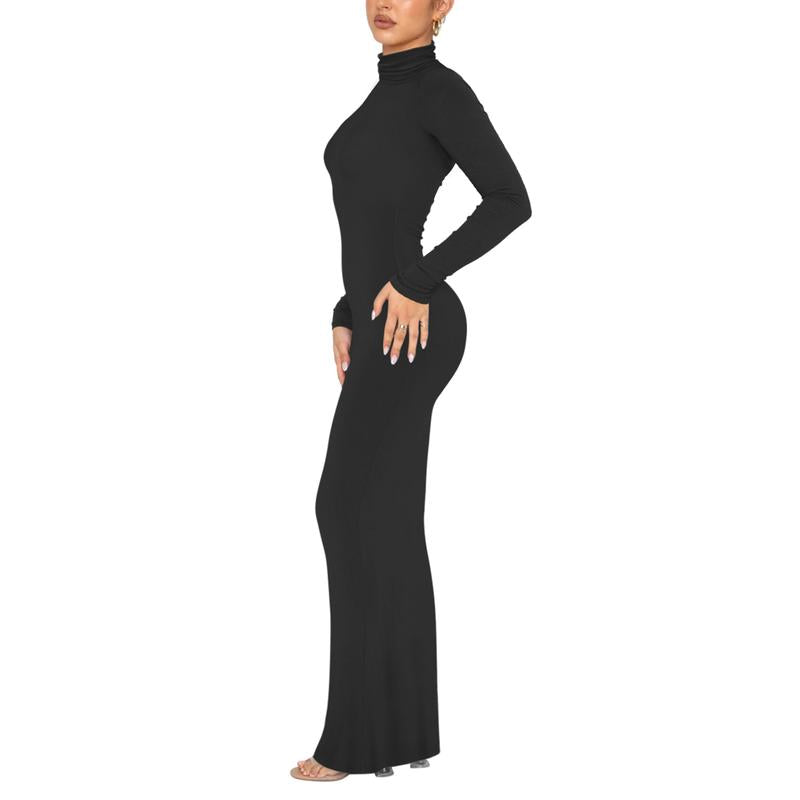 REORIA Women'S Casual Mock Turtleneck Long Sleeve Elegant Long Dress Lounge Ribbed Bodycon Maxi Dresses Womenswear Underwear